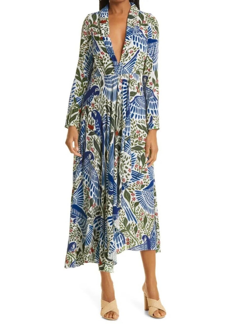 FARM RIO Macaw Midi Dress Sz Medium Resort Vacation Colorful Blue Bird Print
